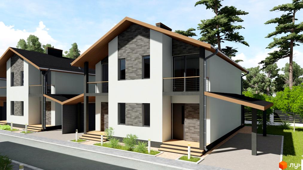 Котеджне містечко Greenside: двоповерхові будинки з білими стінами та темно-сірим цегляним оздобленням, балконами. Навколо зелені насадження та високі дерева.