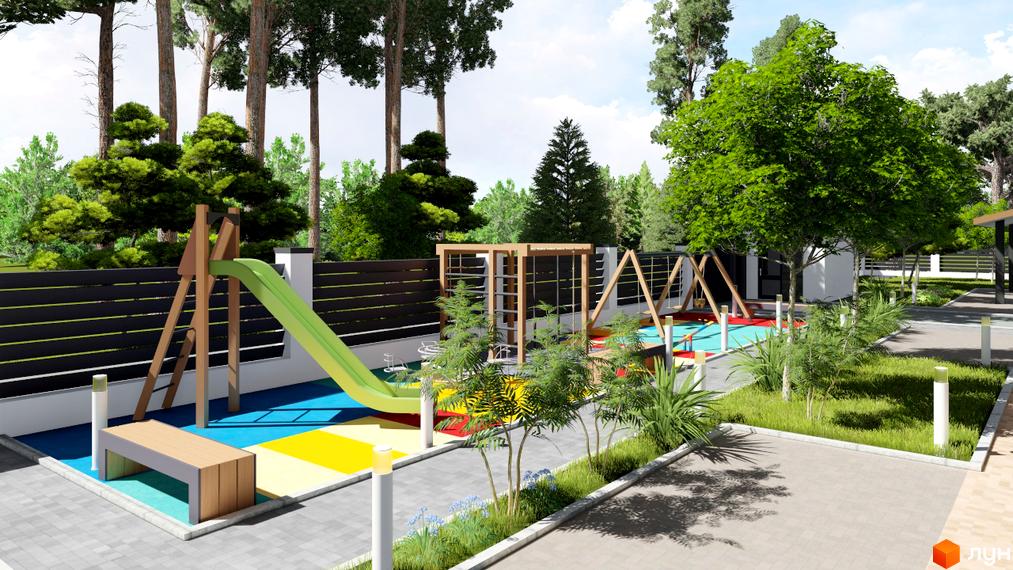 КМ Greenside пропонує мешканцям облаштований дитячий майданчик з гіркою, гойдалками та ігровими елементами серед дерев.