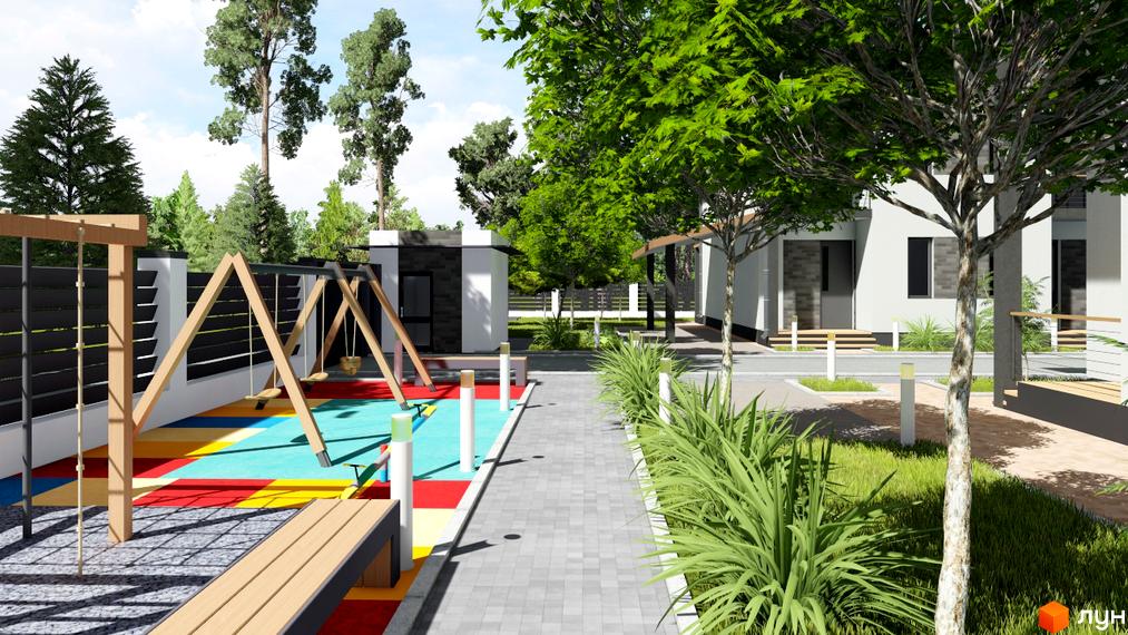 Білі будинки Котеджного містечка Greenside з темними вікнами, поруч дитячий майданчик та зелені насадження.