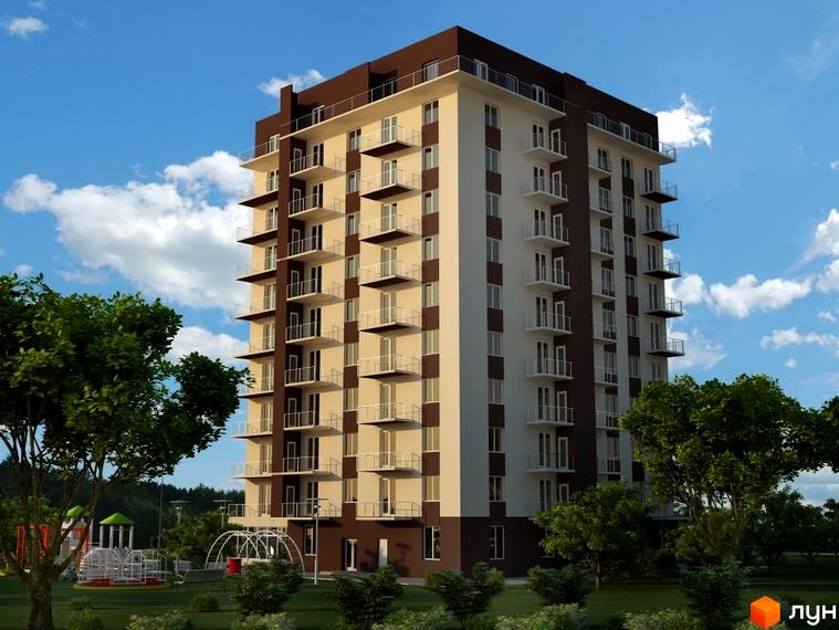 Зовнішній вигляд новобудови на вул. Джорджа Вашингтона, 6а. На прибудинковій території розташований дитячий майданчик.