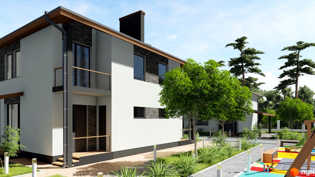 Котеджне містечко Greenside: двоповерхові будинки зі світлими фасадами та балконами. Прибудинкова територія з деревами, доріжками та дитячим майданчиком.