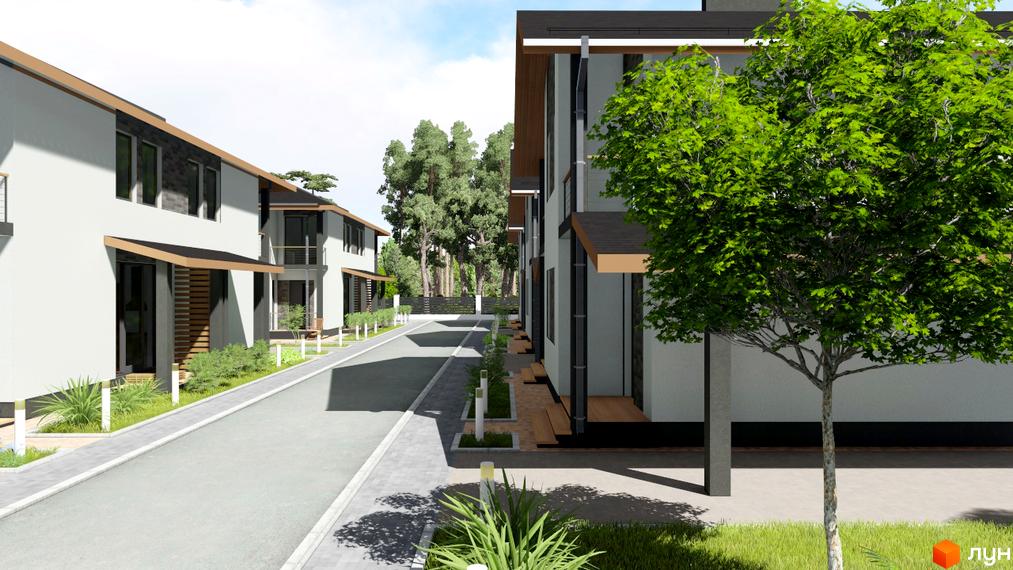 Котеджне містечко Greenside: світлі будинки з темними дахами та дерев'яними елементами, вздовж вулиці розташовані зелені насадження та дерева.