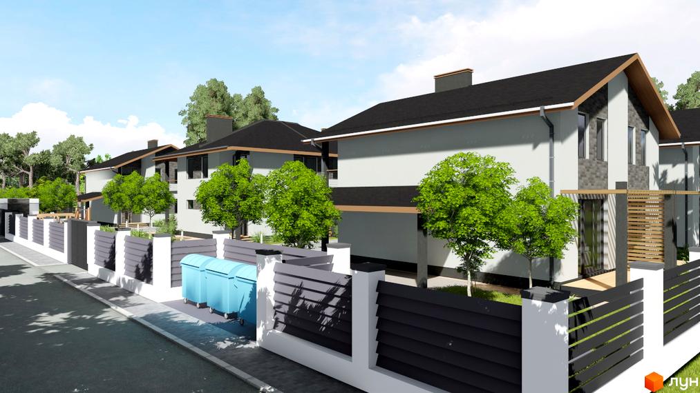 Котеджне містечко Greenside: Двоповерхові будинки зі світлими фасадами та темними дахами, доповнені дерев'яними елементами. Вулична огорожа та зелені насадження.