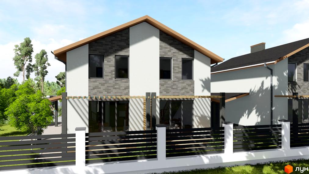 Котеджне містечко Greenside: двоповерховий будинок з білим та сірим фасадом, коричневим дахом. Зелена територія та чорний паркан перед будинком.