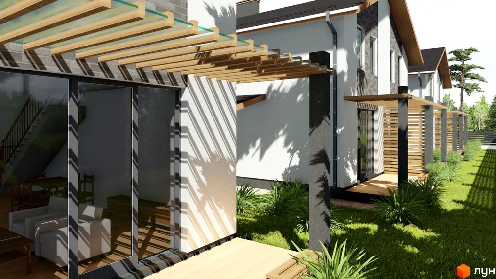 Ряд котеджів Котеджного містечка Greenside з білими фасадами, темними дахами та дерев'яними перголами. Навколо будинків зелений газон та кущі.