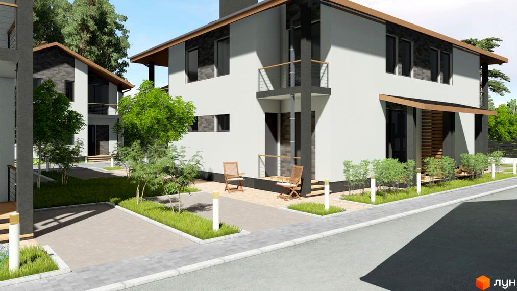 Двоповерхові будинки Котеджного містечка Greenside мають світлі фасади з темними елементами та балконами. Навколо будинків облаштовані зелені зони та пішохідні доріжки.