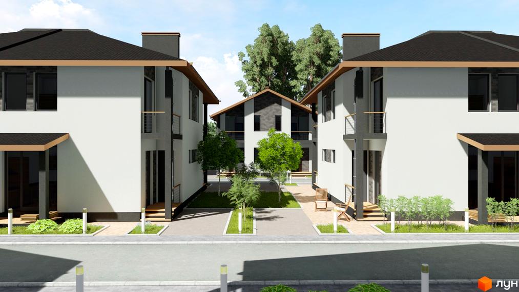 Котеджне містечко Greenside: двоповерхові будинки світлого кольору з темними дахами та балконами. Між будинками розташовані зелені зони та пішохідні доріжки.