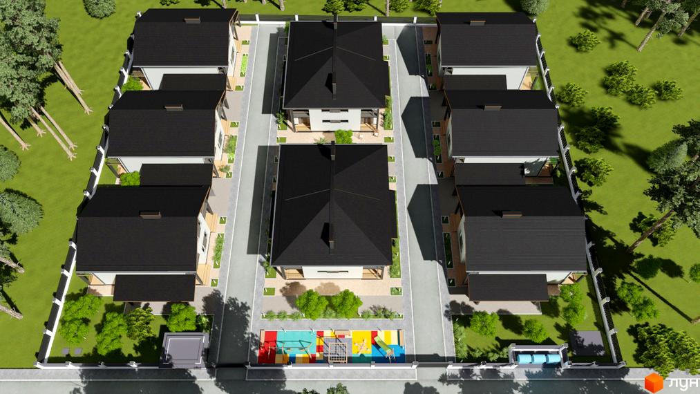Вид зверху на Котеджне містечко Greenside. Ряди котеджів з темними дахами та світлими фасадами, внутрішня дорога та яскравий дитячий майданчик.