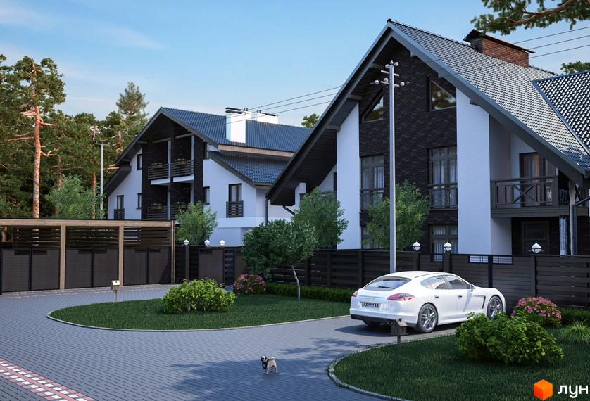 Котеджне містечко Park Residence 2. Зовнішній вигляд будинків з темним дахом та білими стінами, прибудинкова територія з дорогою, газоном, кущами та автомобілем.