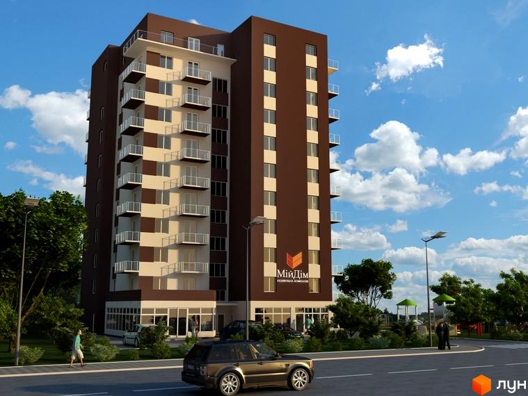 Зовнішній вигляд новобудови на вул. Джорджа Вашингтона, 6а. Навколо будинку зелені насадження та дитячий майданчик.