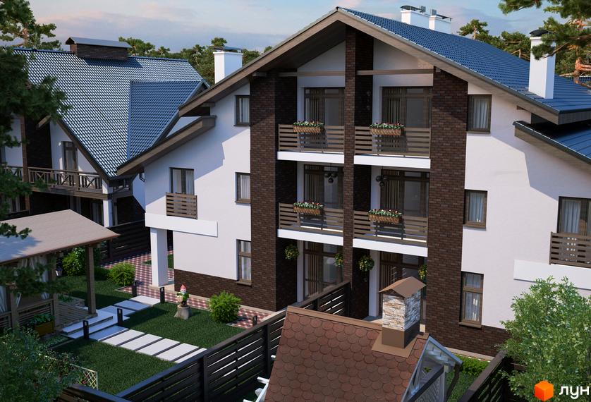 Зовнішній вигляд котеджного містечка КМ Park Residence 2 з цегляним фасадом та блакитним дахом. Прибудинкова територія з газоном, доріжками та альтанкою.