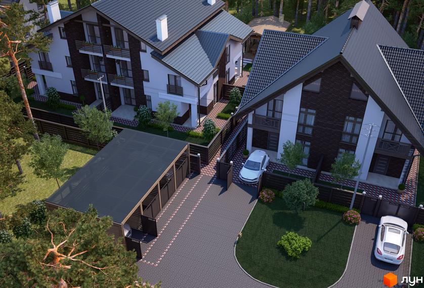 Котеджне містечко КМ Park Residence 2. Зовнішній вигляд будинків з темною цегляною обробкою та білими вставками, дахами темного кольору. Прибудинкова територія з доглянутим газоном, бруківкою та навісами для автомобілів.