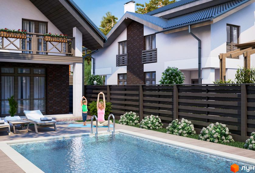 Котеджне містечко КМ Park Residence 2. Зовнішній вигляд будинків з басейном та зоною для відпочинку, де займаються йогою.