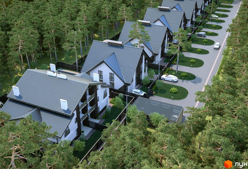 Котеджне містечко КМ Park Residence 2. Сучасні будинки з сірими дахами, розташовані серед зелених дерев, з доглянутою прибудинковою територією та дорогою з паркуванням.