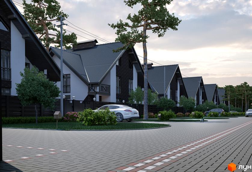 Котеджне містечко КМ Park Residence 2. Сучасні будинки з темними дахами та білими фасадами, оточені зеленню та доглянутою територією з доріжками.