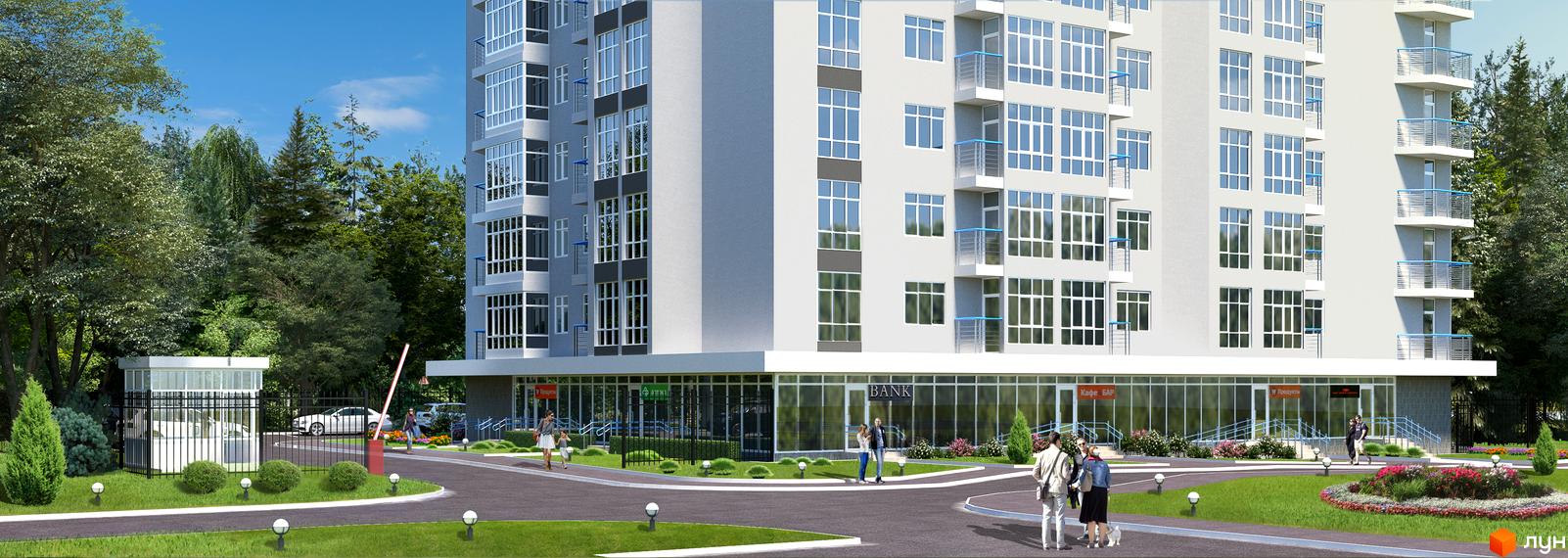 Житловий комплекс Зеніт: сучасна багатоповерхова будівля з великими вікнами та балконами, упорядкована прибудинкова територія з зеленими насадженнями та місцями для відпочинку.