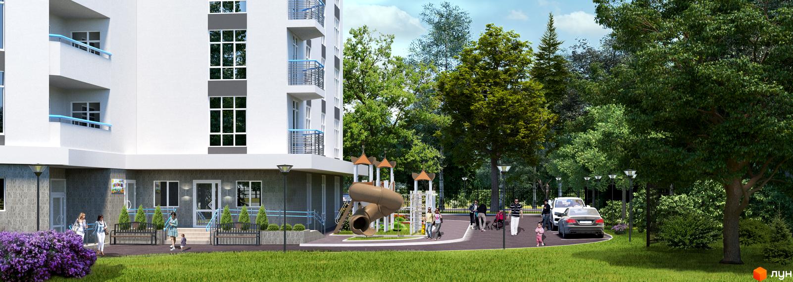 Житловий комплекс Зеніт: білий багатоповерховий будинок з балконами та дитячим майданчиком. Поруч зелені дерева, лавки та припарковані автомобілі.