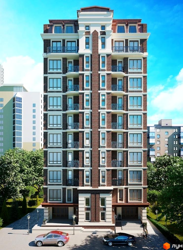 Клубний будинок Turgenev – це цегляна новобудова з балконами та великими вікнами. Навколо будинку розташовані дерева та доглянута прибудинкова територія.