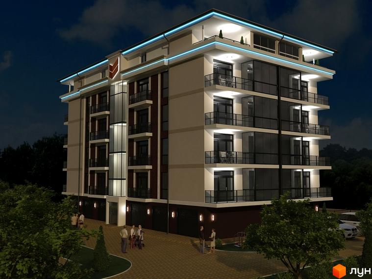 Сучасний житловий комплекс на вул. Балтійська, 31 з елегантною архітектурою та підсвіткою. Навколо будинку розташована доглянута прибудинкова територія з деревами та місцями для відпочинку.