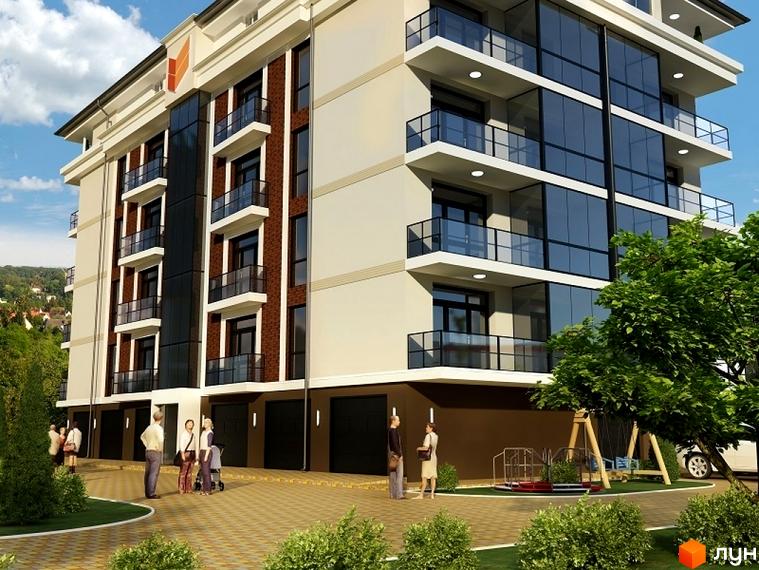 Зовнішній вигляд новобудови на вул. Балтійська, 31 з цегляними та світлими фасадами, балконами та великими вікнами. Поруч розташований дитячий майданчик та зелені насадження.