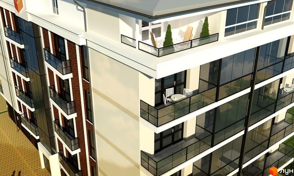 Зовнішній вигляд новобудови на вул. Балтійська, 31: цегляний фасад, скляні балкони, панорамні вікна. Територія навколо будинку вкрита бруківкою.