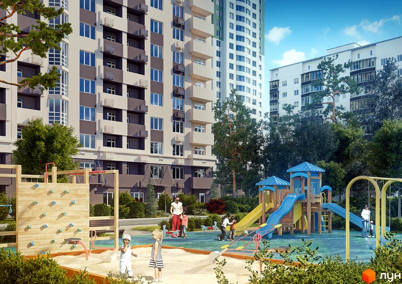 Житловий комплекс Верховина: багатоповерхові будинки з сучасними фасадами та дитячий майданчик із гірками та пісочницею.