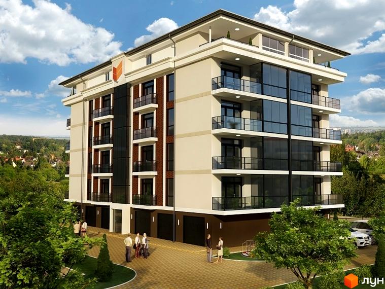 Фасад житлового комплексу на вул. Балтійській, 31 з великими вікнами та балконами. На прибудинковій території видно зелені насадження та зону відпочинку.