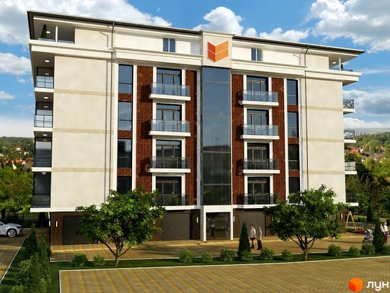 Зовнішній вигляд новобудови на вул. Балтійській, 31 з цегляним фасадом та балконами. На прибудинковій території видно дерева та дитячий майданчик.