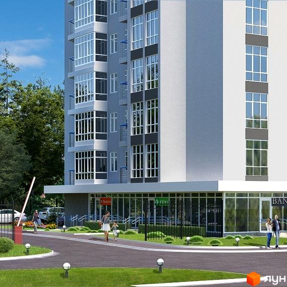 Зовнішній вигляд новобудови ЖК Зеніт з великою кількістю вікон та балконів. Прибудинкова територія з дорогою, газоном та ліхтарями.