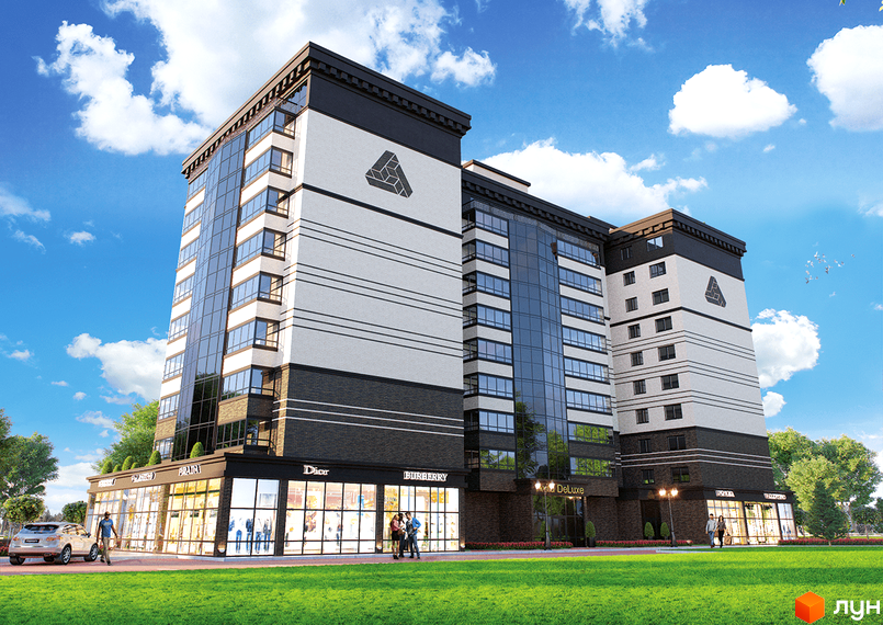 Житловий комплекс Avila DeLuxe має багатоповерхову будівлю з чорно-білим фасадом та великими скляними вікнами. Навколо будинку розташований зелений газон та дерева.