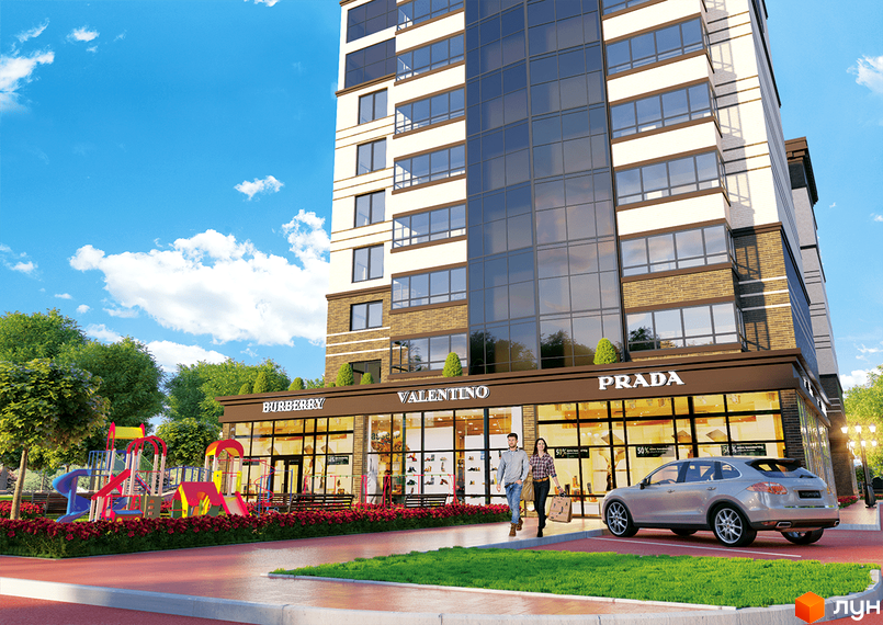 Житловий комплекс Avila DeLuxe: багатоповерхова будівля зі скляними фасадами та магазинами внизу. Поруч дитячий майданчик, зелені насадження, пішохідна зона.