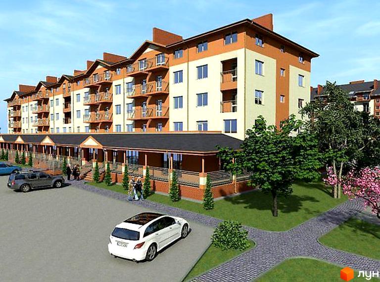 Багатоповерховий житловий комплекс з коричнево-бежевим фасадом та балконами. Перед будинком розташований паркінг, зелені газони та доріжки.