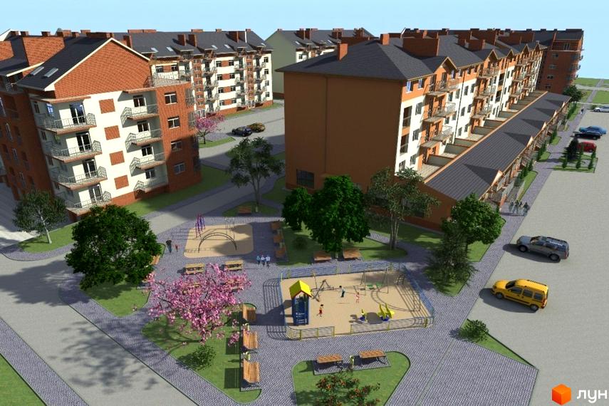 Житловий комплекс на вул. Тлехаса з багатоповерховими будинками цегляного та світлого кольору. Доглянута прибудинкова територія з дитячими майданчиками та зеленими насадженнями.