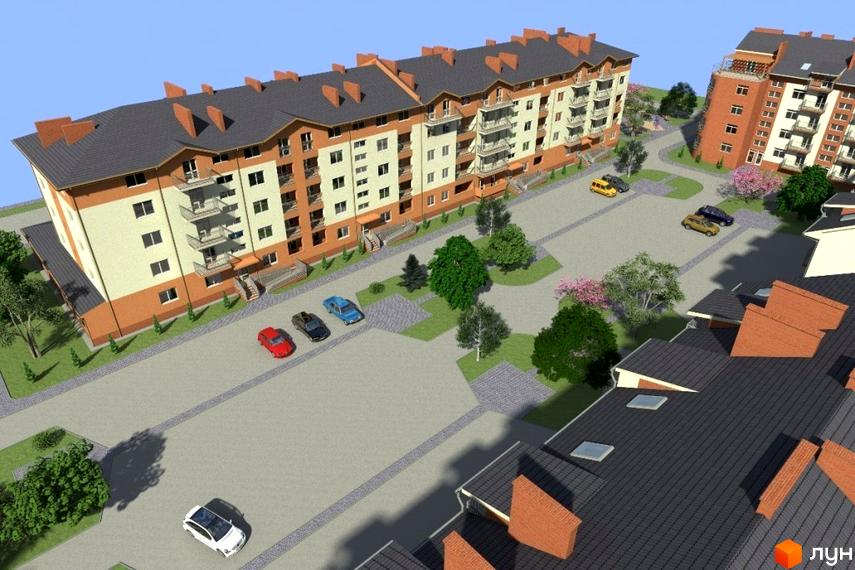 Житловий комплекс на вул. Тлехаса: багатоквартирні будинки з помаранчево-бежевим фасадом та облаштованою прибудинковою територією з парковкою та зеленими насадженнями.