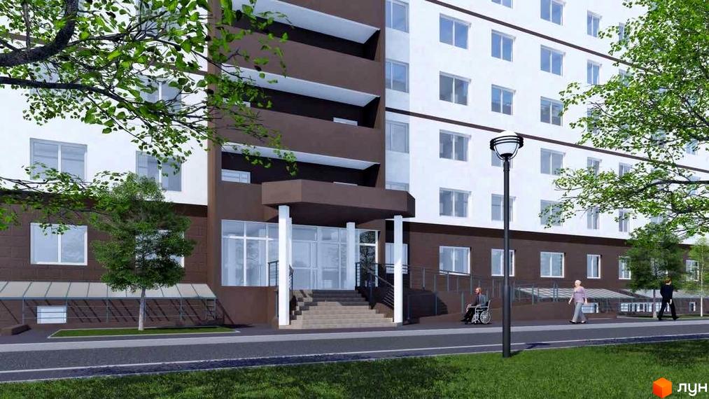 Житловий комплекс City Park. Багатоповерховий будинок з білими та коричневими фасадами. Перед будинком доглянута прибудинкова територія з газоном та деревами.