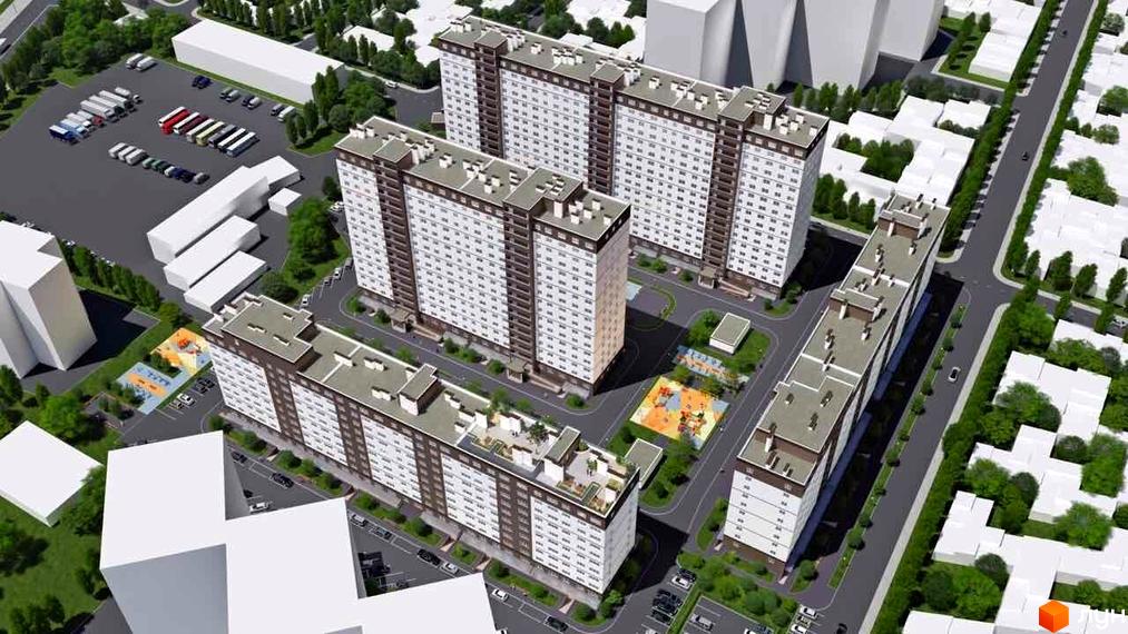 Житловий комплекс City Park. Високі будинки з білими фасадами та коричневими вставками. На території комплексу є парковка, дитячий майданчик та зелені насадження.