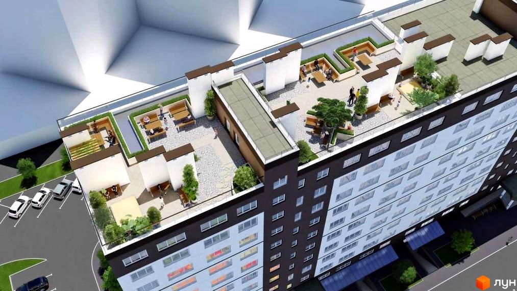 Житловий комплекс City Park. Вид на багатоповерховий будинок з терасами на даху. На території є зони відпочинку та парковка.
