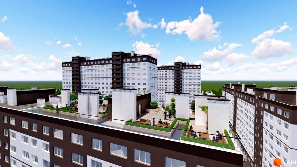 Житловий комплекс City Park. Багатоповерхові будинки з білими фасадами та терасами на даху. На території комплексу є зони відпочинку з лавками та озелененням.