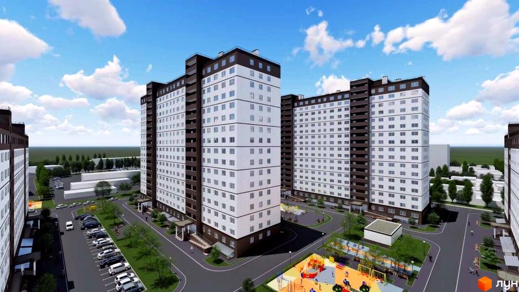 Житловий комплекс City Park. Високоповерхові будинки з білими фасадами та коричневими вставками. На території є дитячий майданчик, парковка та зелені насадження.