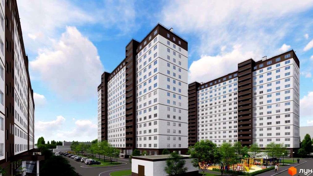 Високі будинки ЖК Сіті Парк з білими фасадами та коричневими вставками. На території комплексу є дитячий майданчик та парковка для автомобілів.