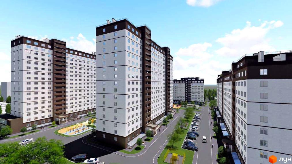 Житловий комплекс Сіті Парк з білими фасадами та коричневими дахами. На території комплексу є парковка та дитячий майданчик.