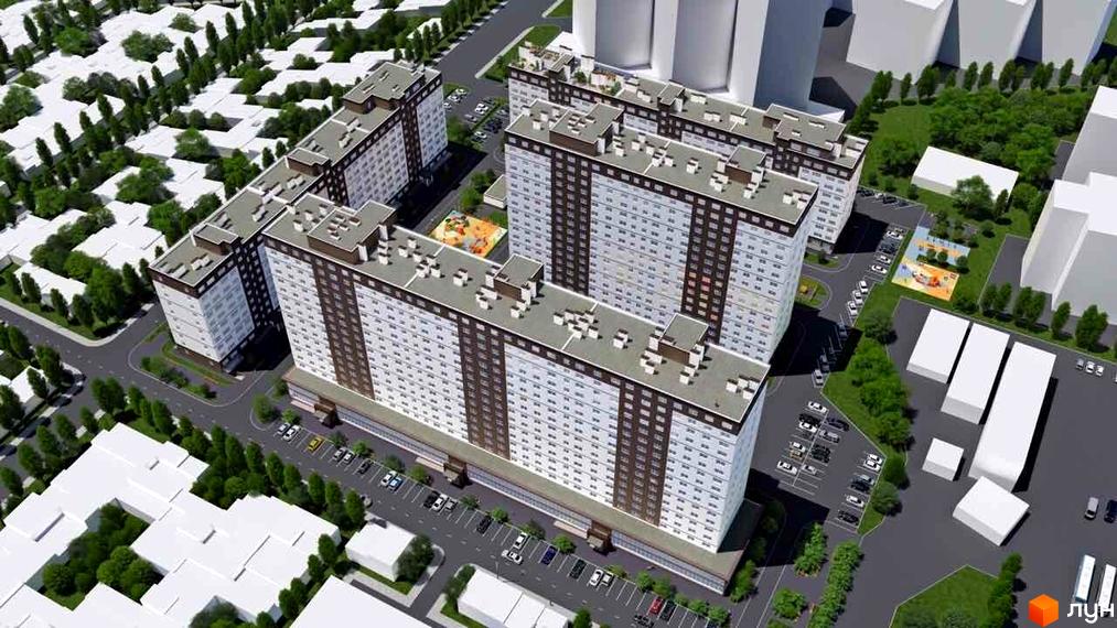Житловий комплекс City Park. Високі будинки з великою кількістю вікон. На території комплексу є парковка, дитячий майданчик та зелені насадження.