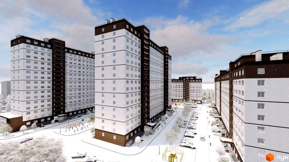 Зображення житлового комплексу Сіті Парк. Високі будинки з білими фасадами та коричневими дахами. На території є парковка та дитячий майданчик, навколо сніг.