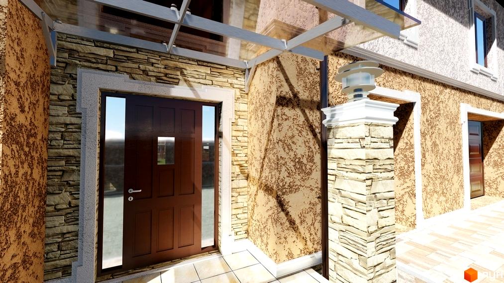 Вхід до таунхауса Лагуна: фасад з кам'яної кладки та текстурної штукатурки, коричневі двері, прозорий навіс, стовп з ліхтарем та плитка на підлозі.
