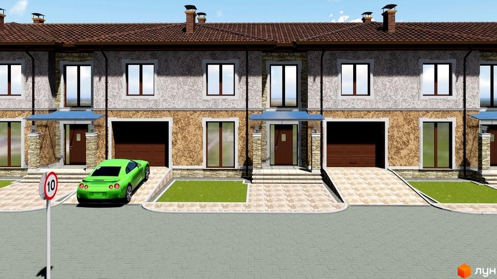 Таунхауси „Лагуна“: ряд будинків з коричневими дахами та світлим фасадом. Перед ними бруківка, газони та зелений автомобіль.