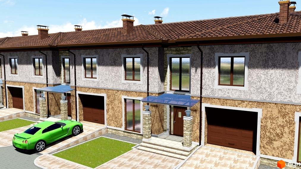 Таунхауси „Лагуна“: ряд будинків з коричневими дахами та гаражами. Прибудинкова територія з вимощеними доріжками та зеленими газонами.