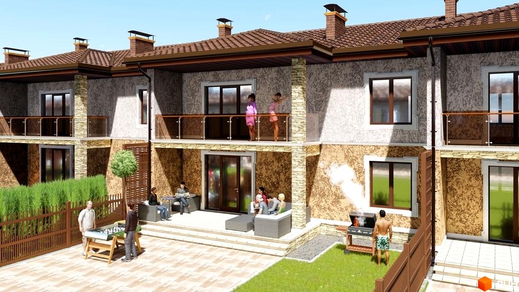 Таунхауси „Лагуна“ з коричневими дахами та балконами. Прибудинкова територія має патіо, зелені зони та місця для відпочинку.