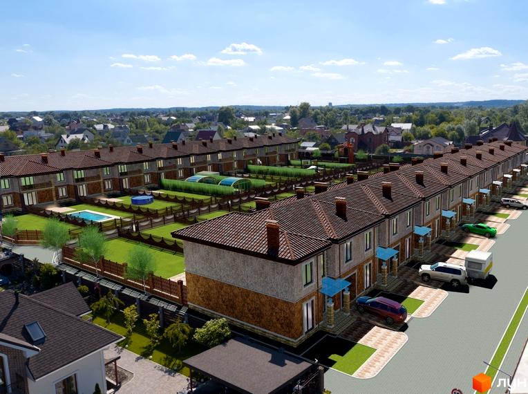 Таунхауси „Лагуна“ з коричневими дахами, світлими фасадами та синіми навісами. Прибудинкова територія включає газони, басейни та парковку.