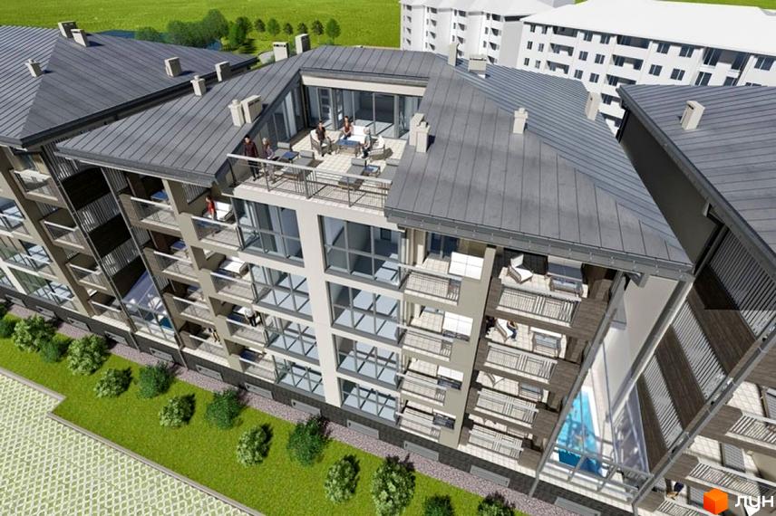 Житловий комплекс Хвиля Lux: багатоповерховий будинок з сірим дахом, балконами та внутрішнім двором з басейном. Прибудинкова територія з газоном та кущами.