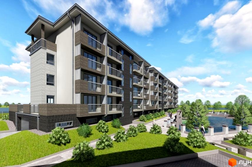 Житловий комплекс Хвиля Lux: багатоповерховий будинок з балконами, фасади якого поєднують світлі та темні відтінки. Прибудинкова територія з газонами та водоймою.